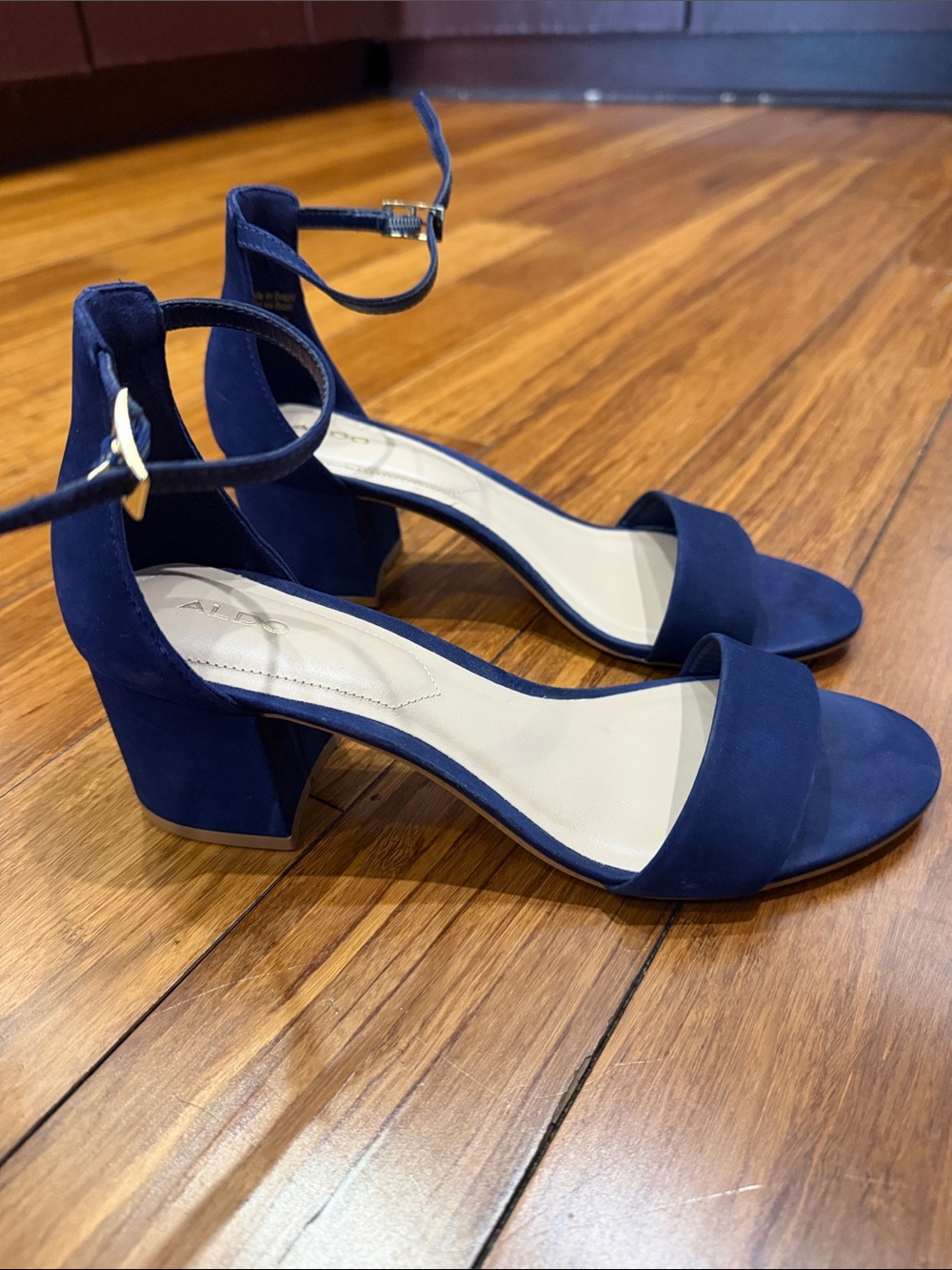 Aldo Deep Blue Suede Ankle-Strap Block Sandals